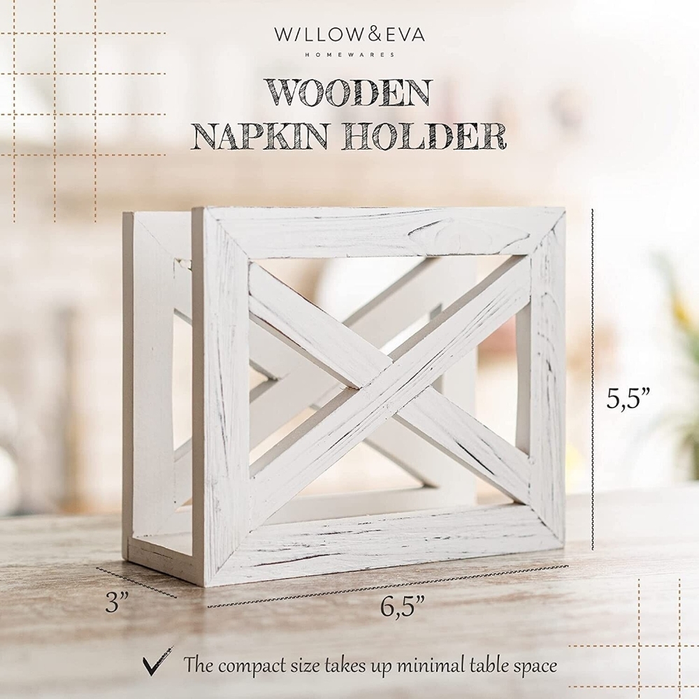 WILLOW & EVA Wooden Napkin Holder -White Rustic Napkin Holder